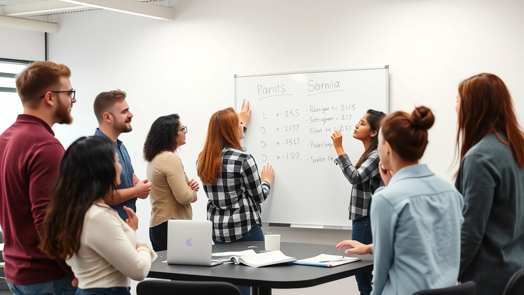 Diverse group in collaborative learning session, discussing and writing on whiteboard together, engaged and supportive environment, modern workspace