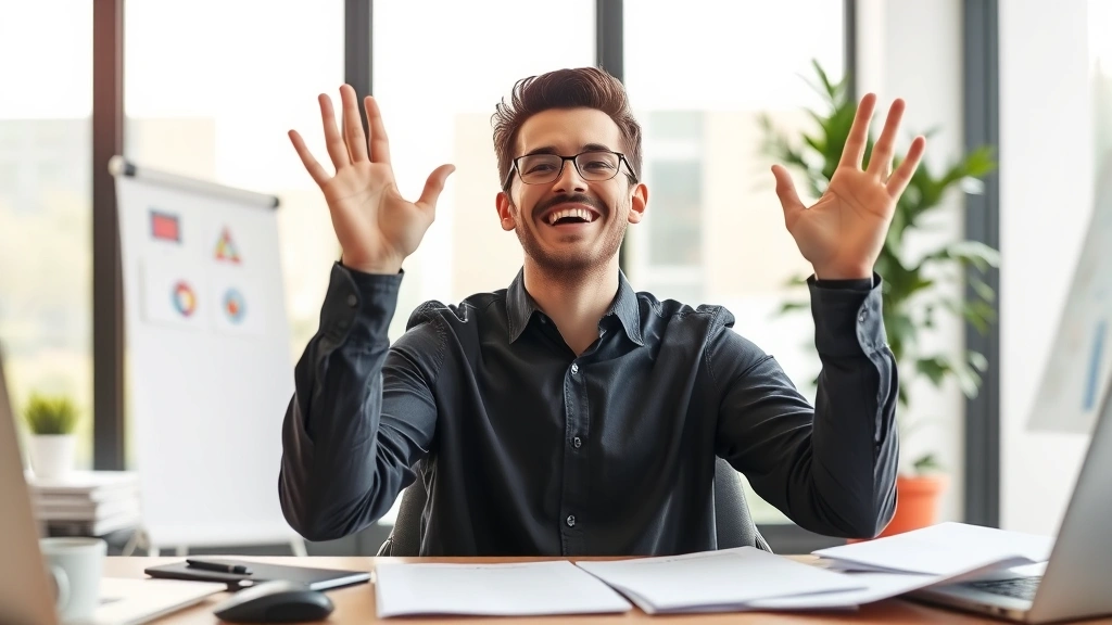 Person with hands raised in genuine celebration at desk, papers scattered showing completed work, bright daylight, authentic joy and accomplishment on face, modern office setting