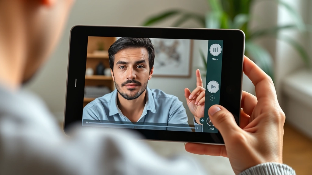 Person reviewing video recording of themselves on tablet with thoughtful expression, self-reflection practice, improvement tracking, peaceful focused atmosphere