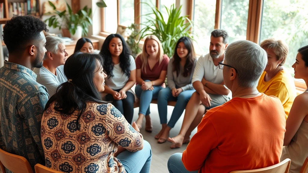 Group of diverse people in a circle, listening intently to one person speaking, relaxed postures, focused expressions, inclusive and supportive atmosphere, natural indoor setting