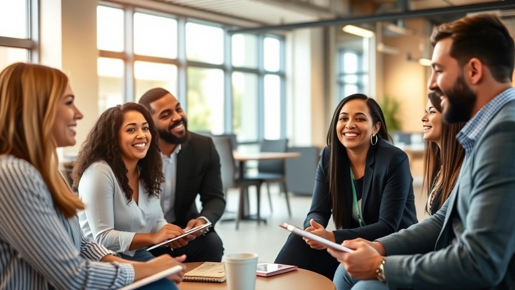 Diverse group of professionals in modern office setting having a mentoring conversation, warm lighting, both people engaged and smiling, notebooks and coffee visible, growth-focused environment