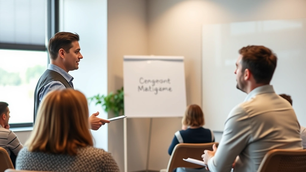 Individual presenting work confidently to small audience, professional setting, real-world application moment, engaged listeners providing feedback