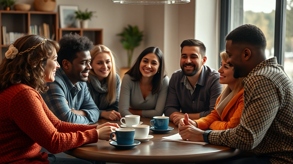 A small group of diverse people having a discussion around a table with coffee, collaborative learning environment, genuine engagement, warm lighting, documentary style