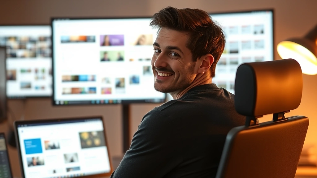 Person at computer screen looking satisfied, leaning back slightly, multiple completed project examples visible in background, warm lighting suggesting progress and accomplishment over time