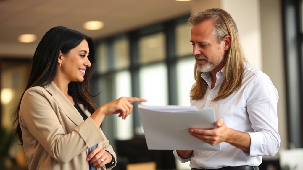 Two professionals in discussion, one pointing at notepad, giving feedback, collaborative body language, warm lighting, encouraging atmosphere, learning moment captured naturally