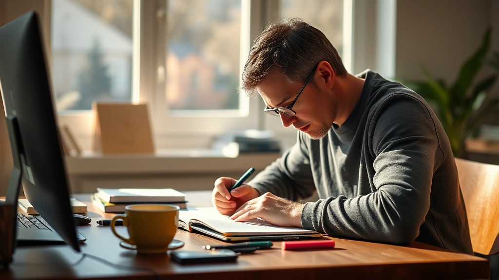 Person focused intently on a task at a desk with notebook and coffee, warm natural lighting, mid-practice concentration