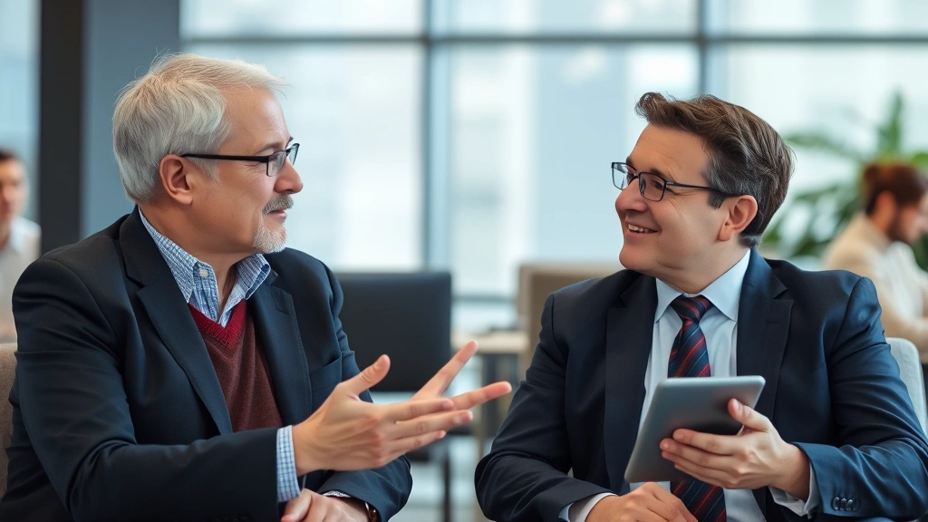 Two professionals in a mentoring conversation, one explaining something while gesturing, supportive and engaged atmosphere, indoor setting