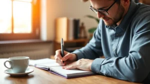 Person focused and writing in notebook with coffee cup nearby, warm natural light from window, professional but relaxed home office setting