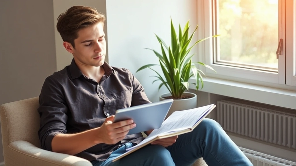 Young professional looking thoughtful while reviewing notes on tablet, sitting by window with plant, morning light, growth-oriented atmosphere