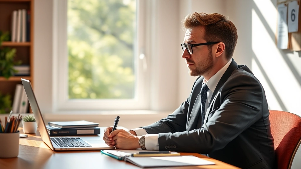 Professional in focused concentration at desk with notebook and laptop, warm natural lighting, growth mindset expression, no text visible