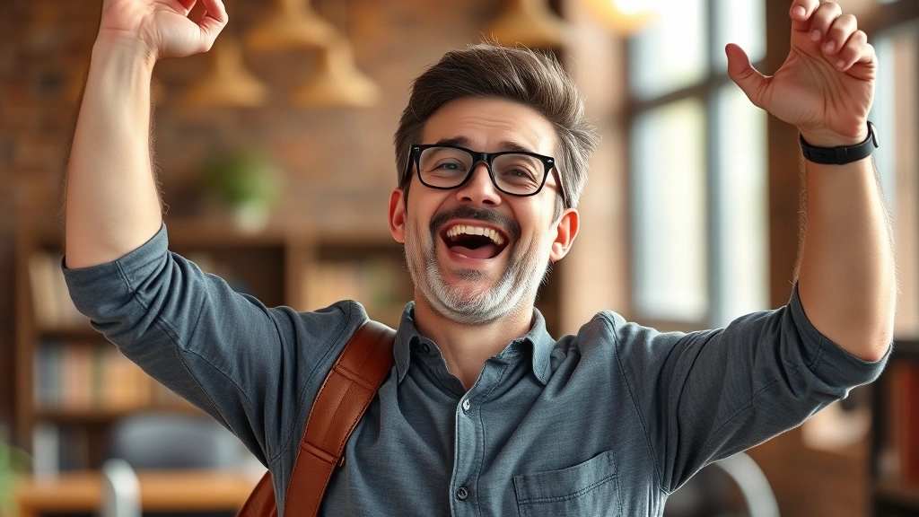 Adult learner celebrating breakthrough moment, genuine joy and accomplishment, warm lighting, inspiring but realistic scene, no certificates or achievements visible