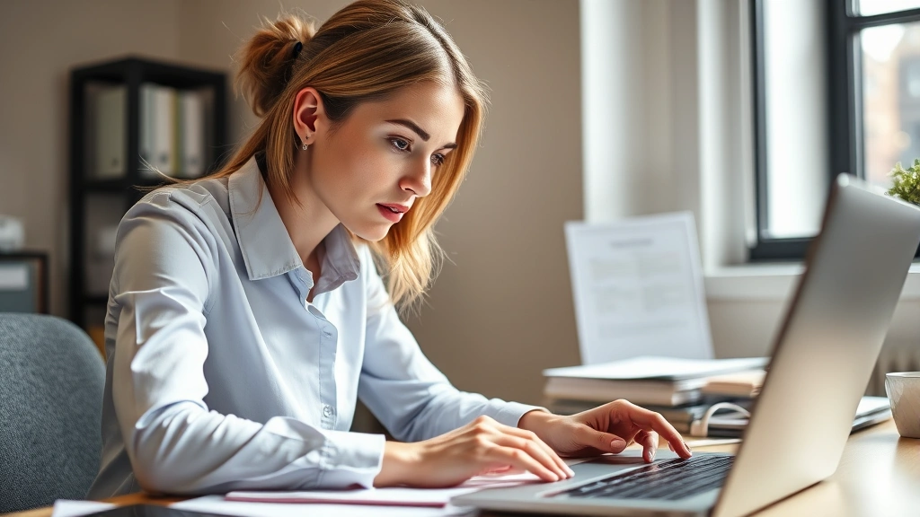 Professional woman concentrating intently while practicing a new skill at a desk, hands working on a task, natural window light, realistic