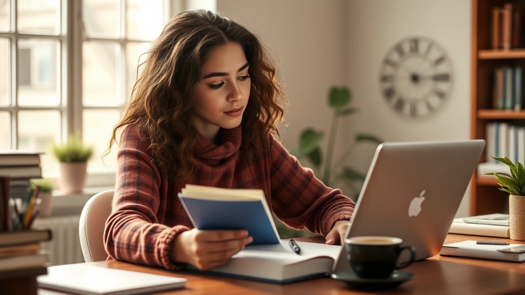 Person studying with notebook and laptop, focused expression, warm desk environment with coffee, morning light, photorealistic