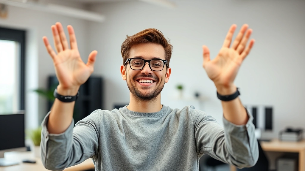 Adult celebrating small progress moment, genuine smile, hands raised in achievement, clean modern workspace background, encouraging atmosphere