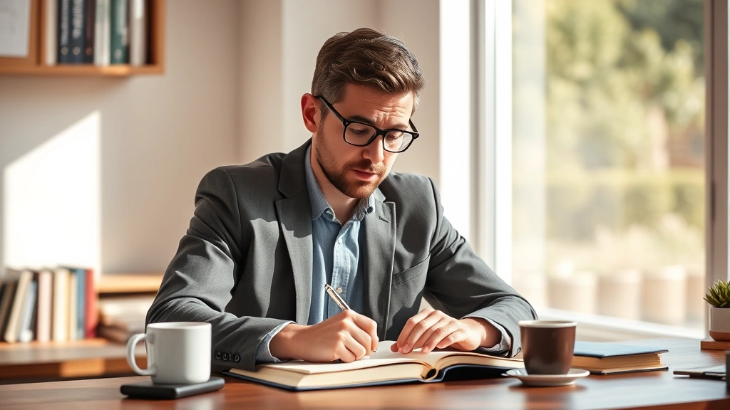 Professional adult sitting at desk with notebook and coffee, studying intently, natural daylight, warm focused atmosphere, learning environment