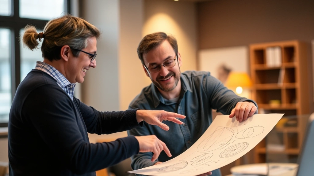 Two people in collaborative learning setting, one explaining concept to other while pointing at sketches and diagrams on paper, both engaged and smiling, warm indoor lighting, mentorship moment