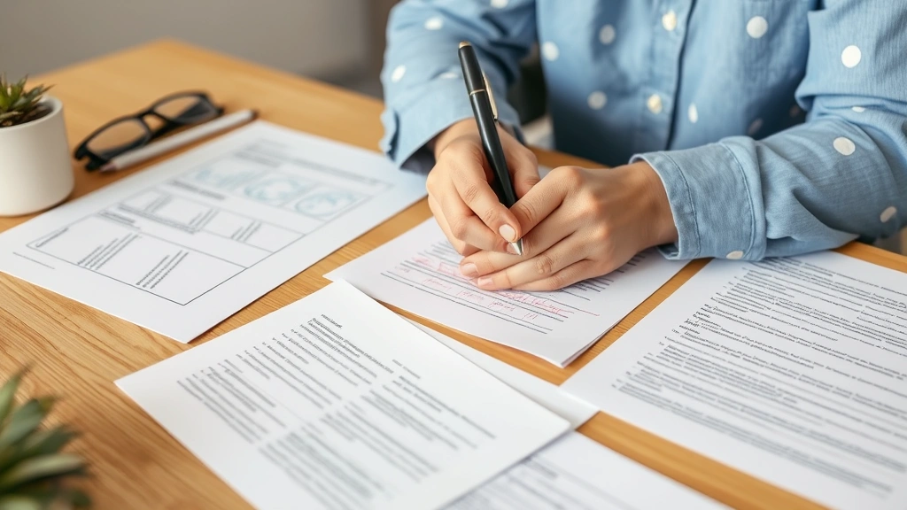 Person reviewing handwritten notes and practice work, making corrections with pen, papers spread out showing progression of improvement over time, natural desk setup, reflection and progress visible