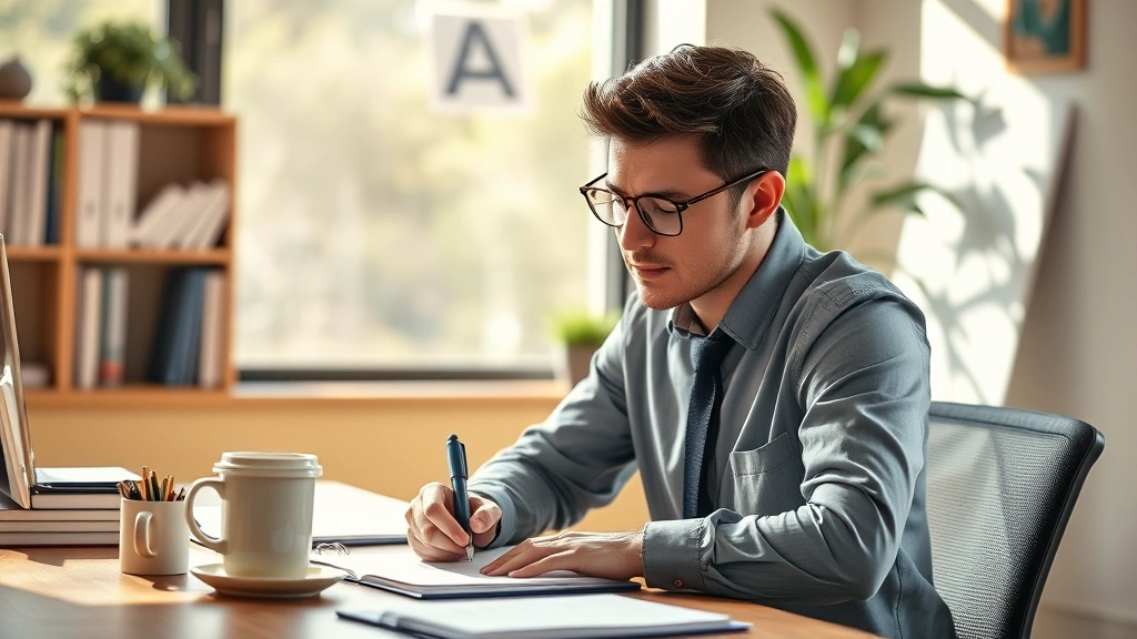 Professional adult focused intently on learning, taking notes at desk with coffee, natural morning light, growth-oriented atmosphere, realistic and encouraging
