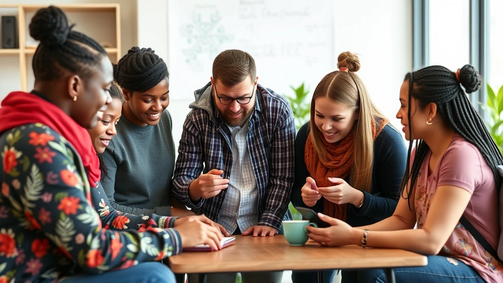 Diverse group of learners supporting each other, collaborative skill development environment, mentoring moment, growth through community and shared learning