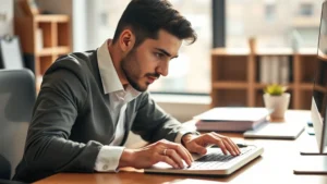 Professional adult focused intently at a desk with notebook, warm natural lighting, hands poised over keyboard, expression of concentration and determination, modern workspace