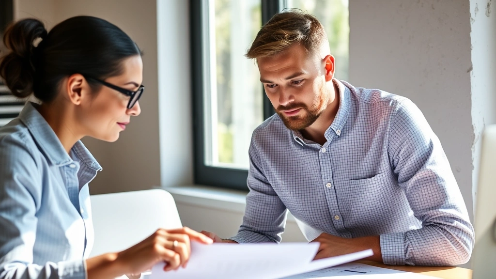 Two people collaborating on a project, one pointing at work while other listens thoughtfully, natural daylight through window, genuine interaction showing feedback and growth