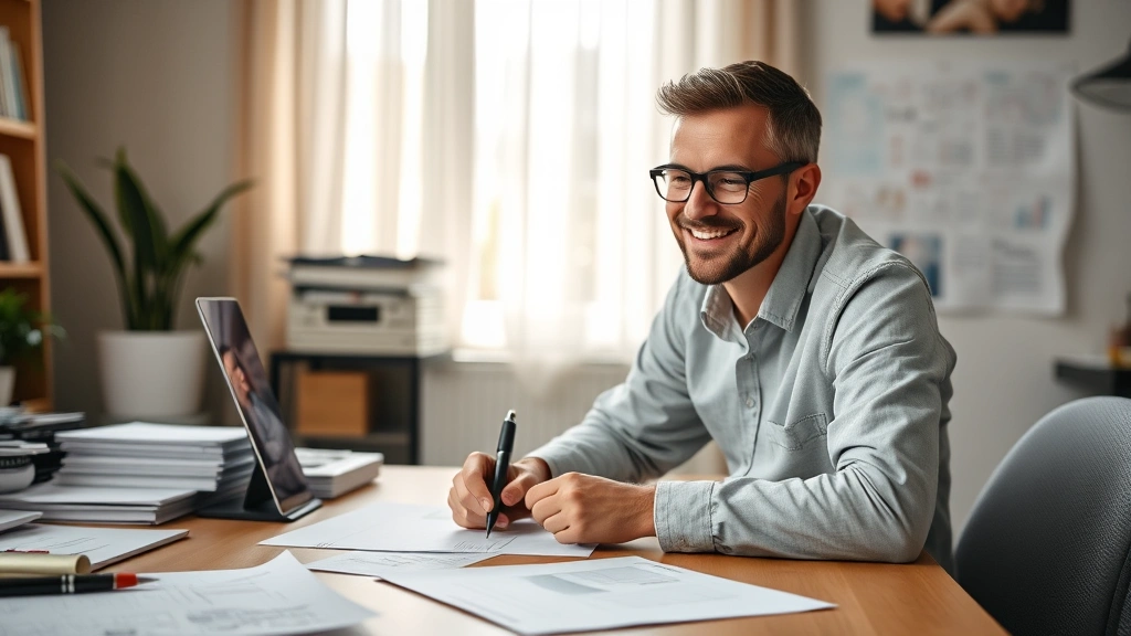 Person at a desk reviewing notes with visible progress over time, looking satisfied, morning light, papers and sketches showing iteration and improvement