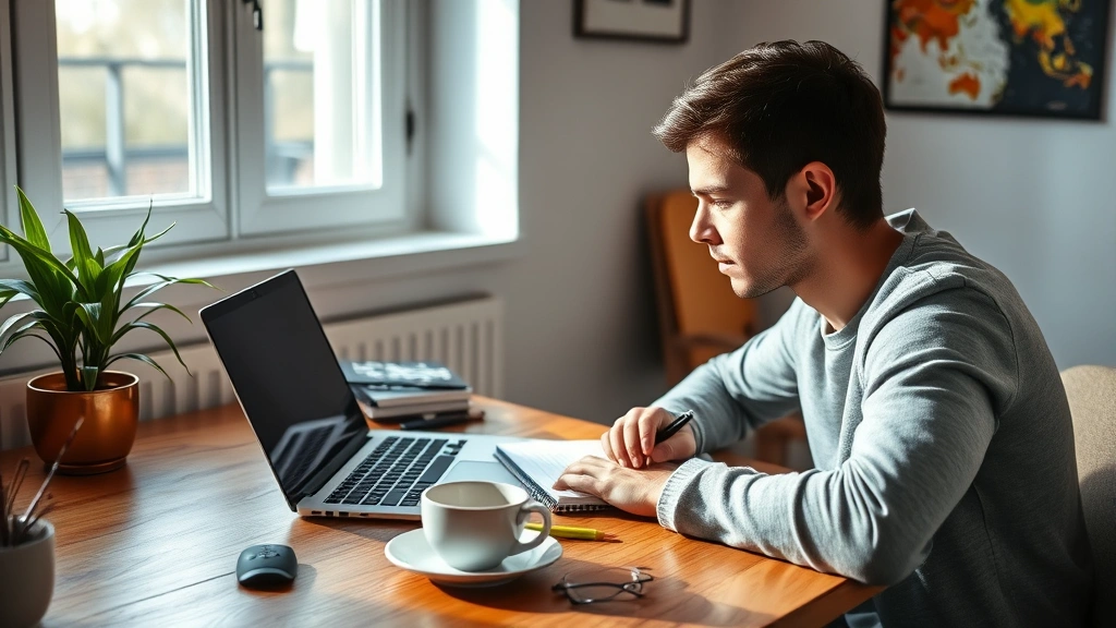 A person sitting at a desk with a laptop, notebook, and coffee, focused and engaged in learning, natural lighting from window, growth-oriented atmosphere