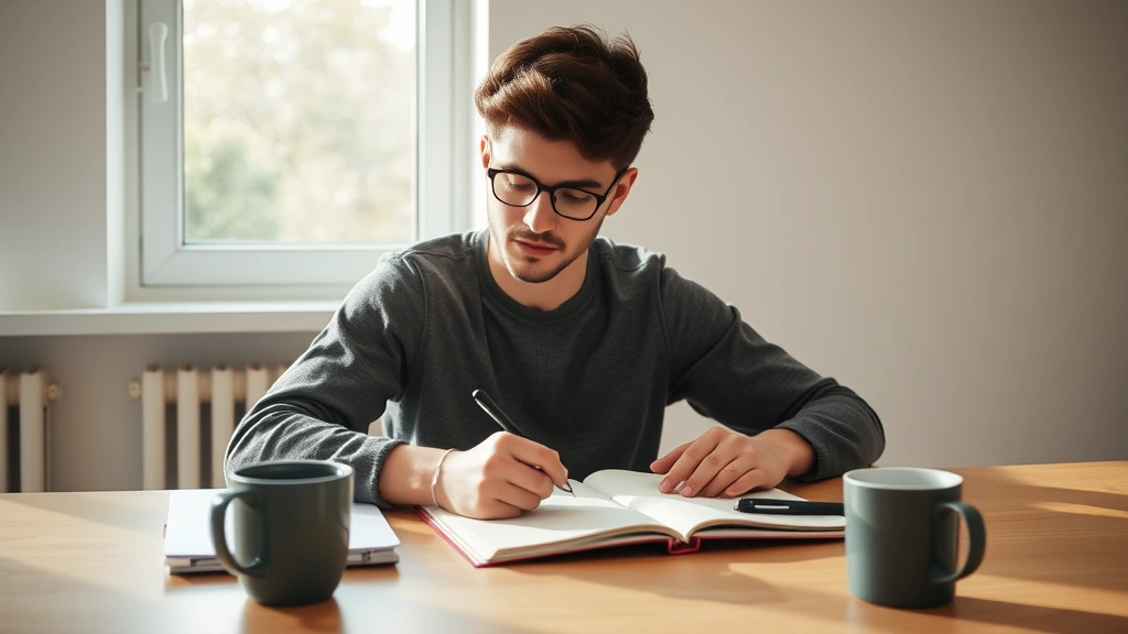 Young professional studying at desk with notebook, focused and engaged, natural morning light through window, coffee cup nearby, minimalist workspace