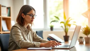 Professional development: person at desk with laptop, taking notes, focused and engaged in learning, natural lighting, warm atmosphere, showing concentration and growth mindset