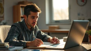 Person intensely focused at desk with notebook and laptop, early morning light, determined expression, learning materials around them, photorealistic professional environment