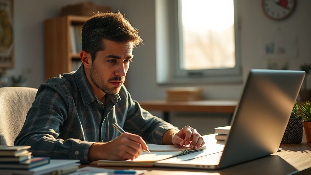 Person intensely focused at desk with notebook and laptop, early morning light, determined expression, learning materials around them, photorealistic professional environment