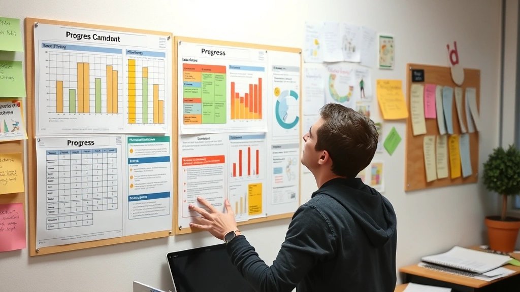 Individual reviewing progress charts and notes on wall, reflecting on achievements, surrounded by evidence of learning journey, motivated expression, real workspace