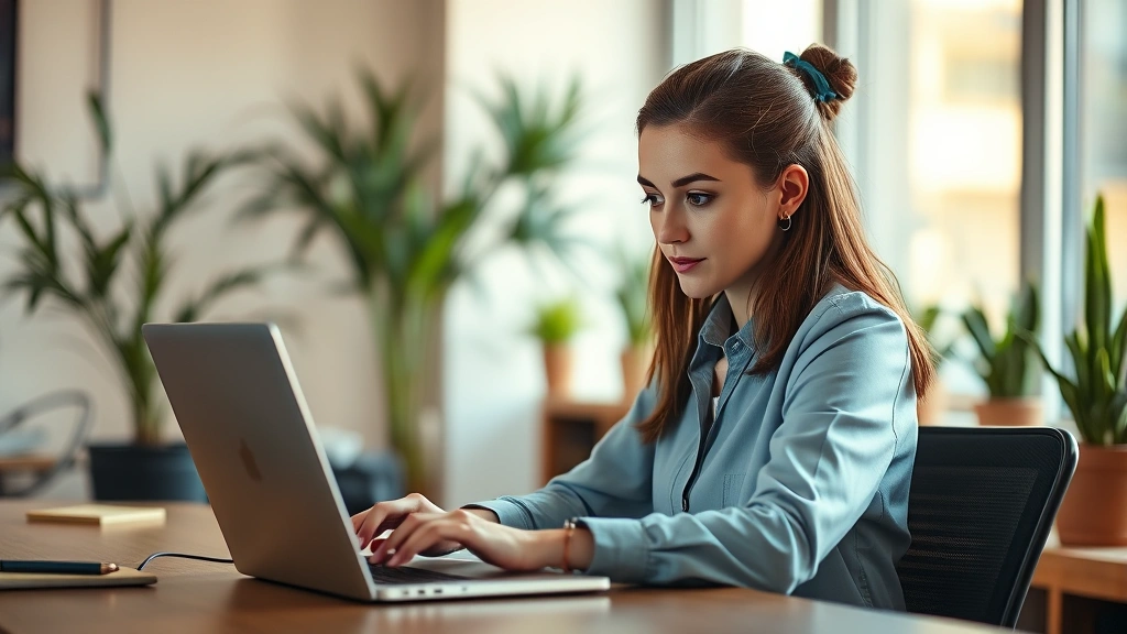 Professional woman writing code at laptop with focused expression, warm lighting, modern desk setup, plants in background