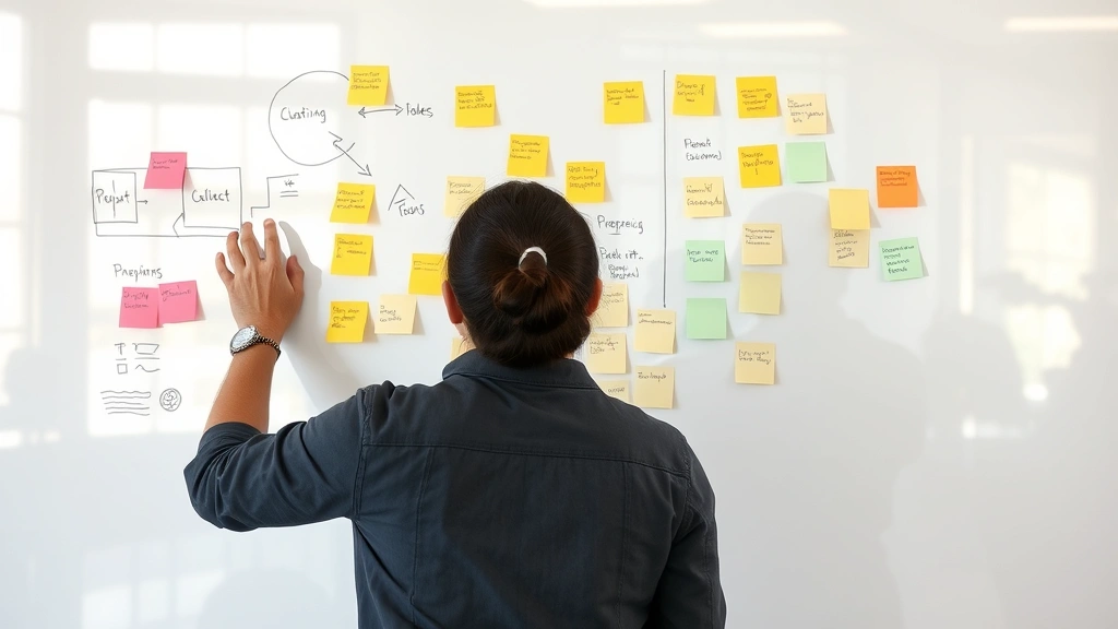 Person working through problem on whiteboard with sticky notes, collaborative workspace, multiple perspectives visible in reflection, natural daylight