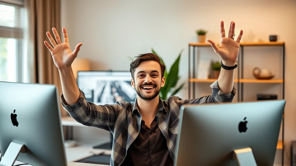 Developer celebrating breakthrough moment at computer, genuine smile, hands raised in success, comfortable home office environment, growth-focused energy