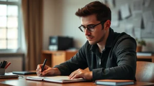 A focused person at a desk with a notebook, warm lighting, practicing intently with a relaxed but determined expression, representing deliberate practice and concentration