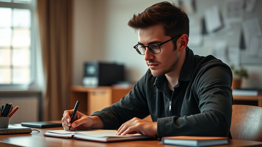 A focused person at a desk with a notebook, warm lighting, practicing intently with a relaxed but determined expression, representing deliberate practice and concentration