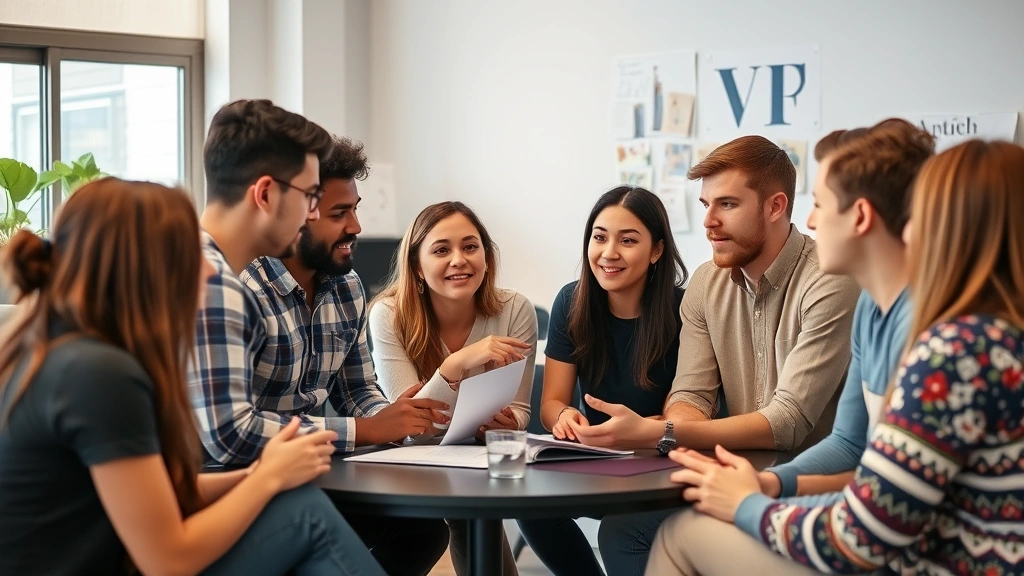 A diverse group of people in a casual learning setting, collaborating and discussing ideas, showing community and accountability in skill development
