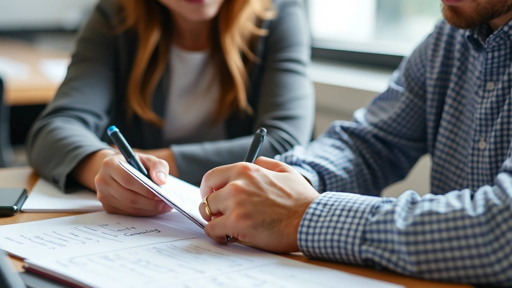 Person reviewing notes or feedback with constructive annotations visible but not readable, collaborative learning environment, mentor-mentee interaction suggested through body language