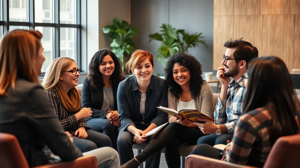 Diverse group in casual professional setting engaged in discussion and active learning, genuine engagement and knowledge sharing, natural candid moment