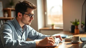 Person in professional setting focused intently on learning at desk with notebook and coffee, natural lighting showing concentration and growth mindset, warm productive environment