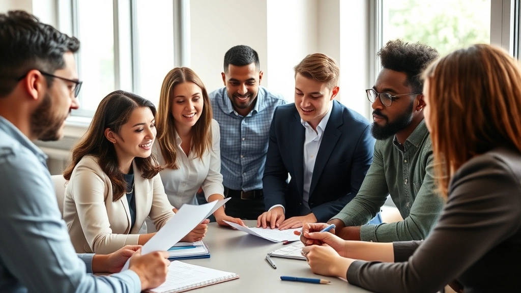 Diverse group of professionals in collaborative learning discussion, engaged and taking notes together, natural light through windows, genuine interaction and mentorship moment captured
