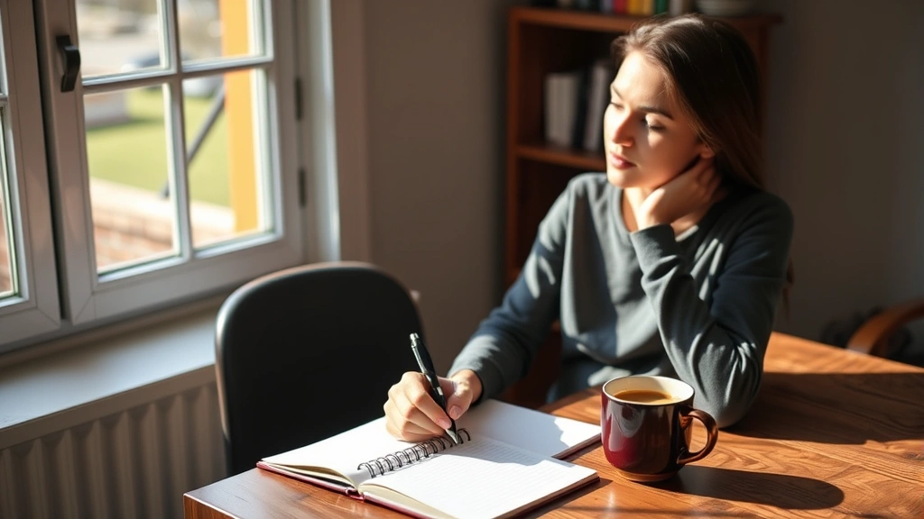 Person sitting at wooden desk with notebook and hot coffee, focused and relaxed, natural lighting from window, representing skill development and learning