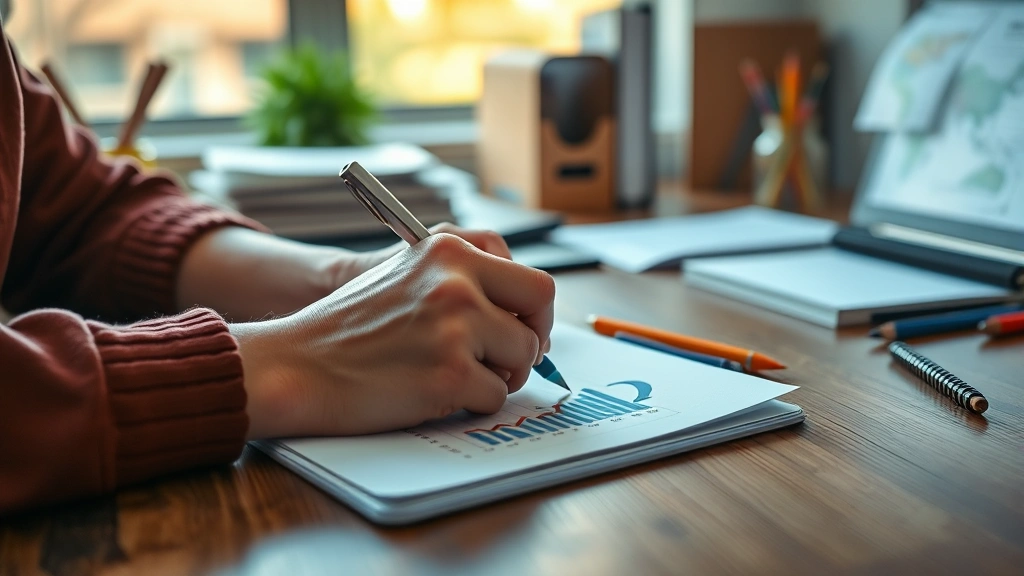Close-up of hands writing notes on paper with graphs showing upward progress, organized workspace with learning materials, warm natural lighting