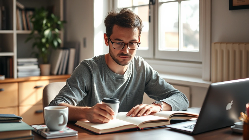 Person at desk with notebook and coffee, focused expression, natural window lighting, engaged in deep learning, warm and inviting workspace