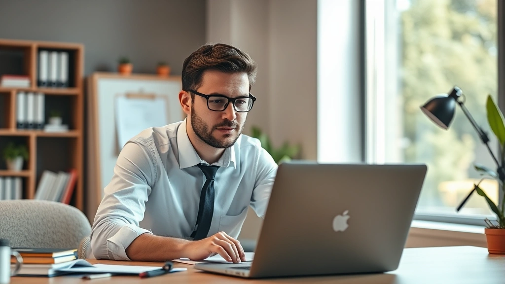 Professional adult in focused concentration at desk with laptop, natural lighting, learning materials visible, determined expression, modern workspace