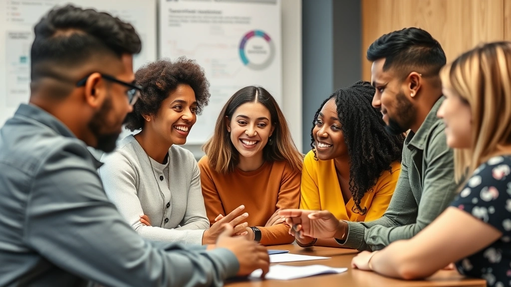 Diverse group in collaborative learning environment, giving feedback to each other, mentoring moment, supportive atmosphere, real skill development in action