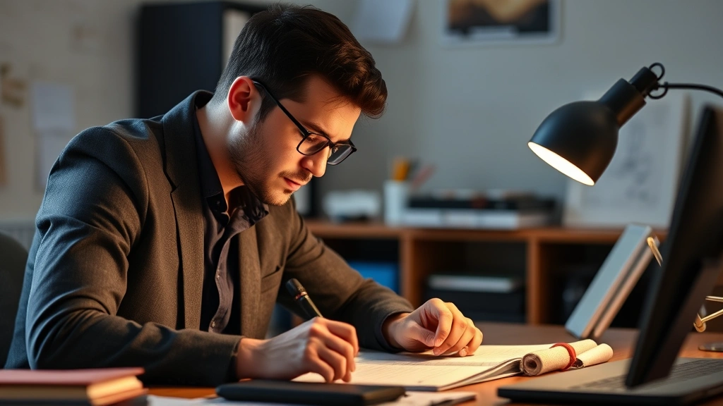 Professional individual focused intently on practicing a specific skill at a desk with learning materials, showing concentration and engagement