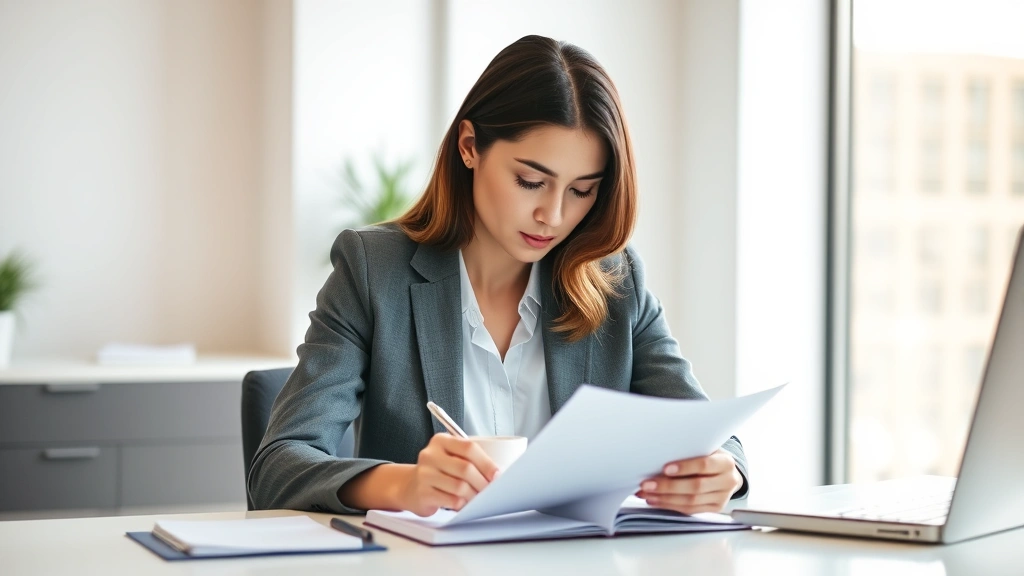 Professional woman reviewing notes at desk with coffee, focused expression, natural lighting from window, modern workspace with notebook and pen