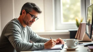 Person at desk focused on practice, notebook and coffee, natural window light, determined but calm expression, learning in progress